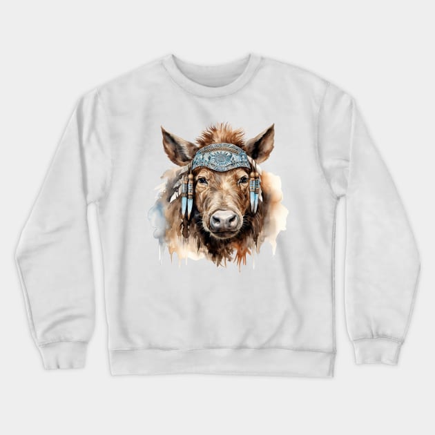 Watercolor Boho Wild Pig Crewneck Sweatshirt by Chromatic Fusion Studio